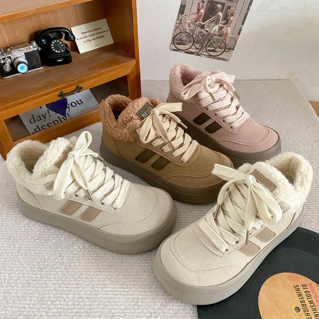 BE-6802 Medium Top Thick-soled Big Head Lamb Wool Cotton Shoes Women's Shoes Winter Warm Velvet Board Shoes Northeast White Shoes