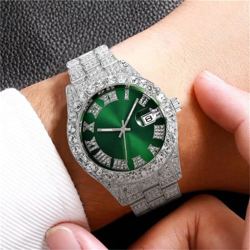 HUNRUY Analog Men's Watch (Silver Dial and Gold-Colored Strap), 42mm Silver-Green, Fashionable.