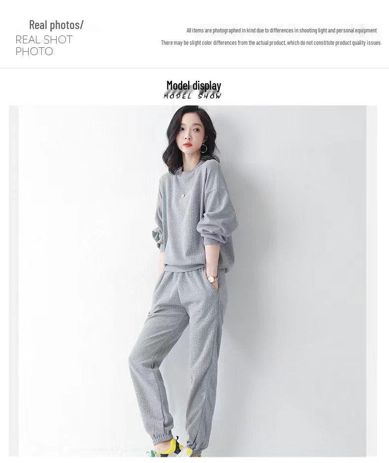 Women's Grey Waffle Textured Hoodie Set - Korean Style, Loose Fit, Spring/Autumn Two-Piece Casual Wear.