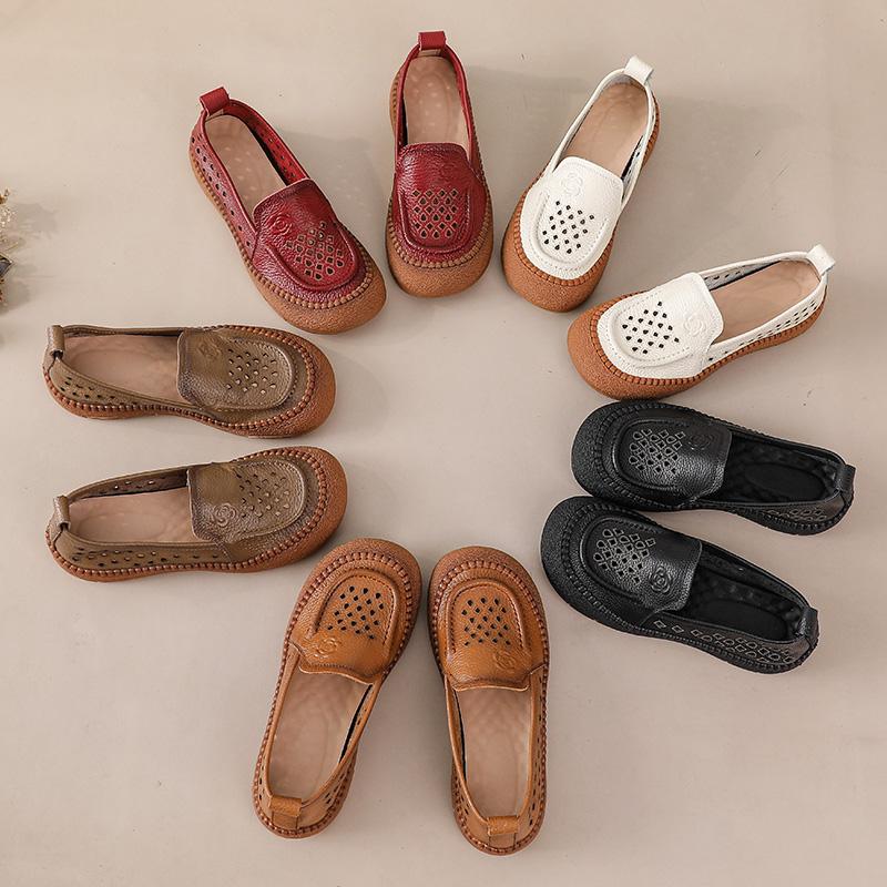 Fashion New authentic leather slip on flats women's ancient perforated breathable moccasins woman exquisite embossed rose loafers shoes