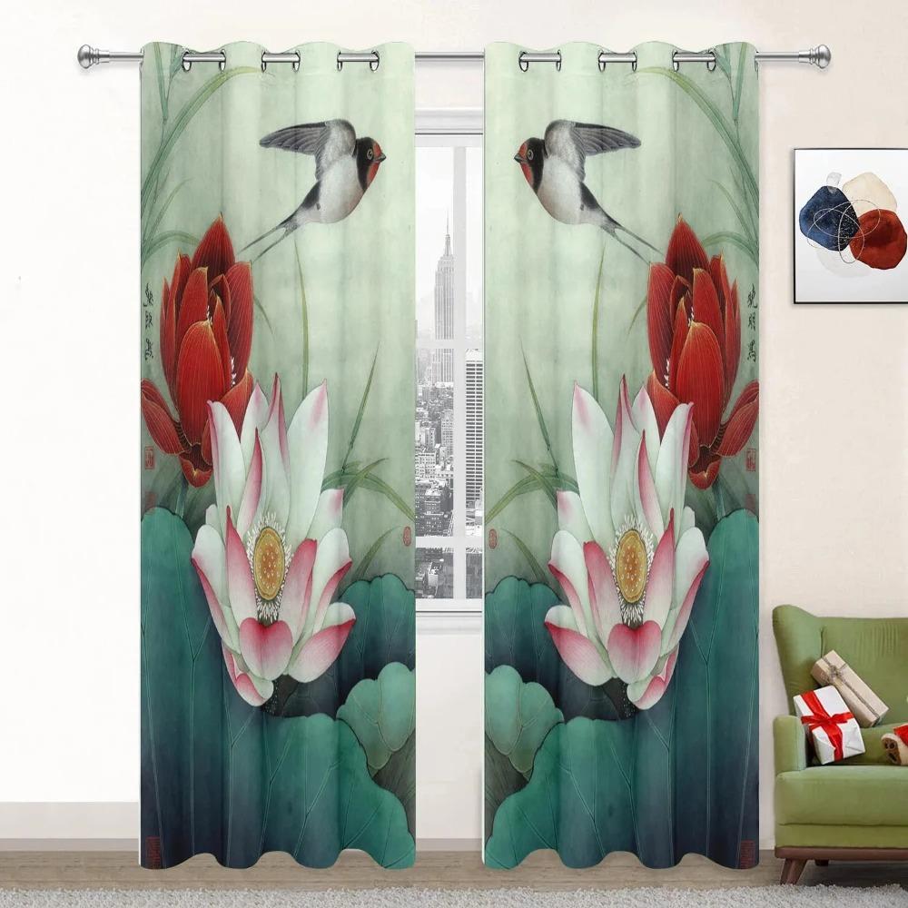 Lotus Curtains for Living Room Landscpe Thick Window Curtain for The Bedroom Aesthetic Room Decor Scenery High Shading Curtain