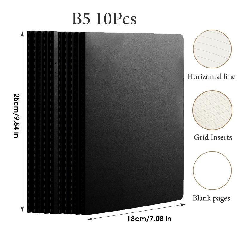 10Pcs A5 B5 A4 Notebook, Thin Draft Notebook 36 Sheets/72 Pages/Book, Kraft Paper and Black Cover, Office Study Notes Supplies
