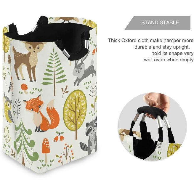 Laundry Hamper Bucket Cute Woodland Animals Trees Mushrooms Berries Collapses Laundry Basket Washing Bin for Home Organizer Nursery Storage Baby