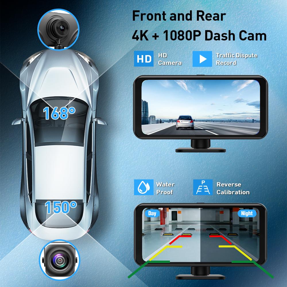 4K Dash Cam Wireless Carplay & Android Auto Car DVR WiFi Rearview Camera With Magnetic bracket Dashboard Video Recorder