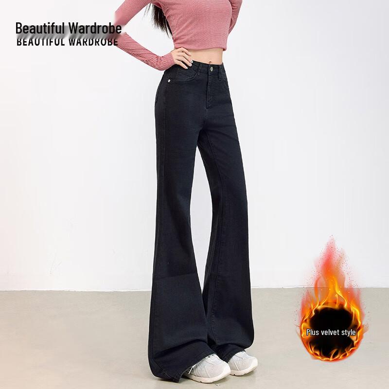 Beautiful Wardrobe Women's Black High-Waist Fleece-Lined Flare Jeans