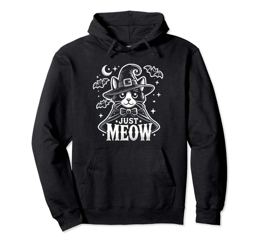 Halloween design of a black cat in a hat just meowing hoodie witch's
