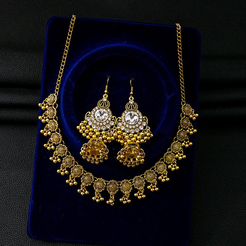 Bohemian Retro Diamond Jewelry Set: Round Earrings & Rice Bead Pendant Necklace.