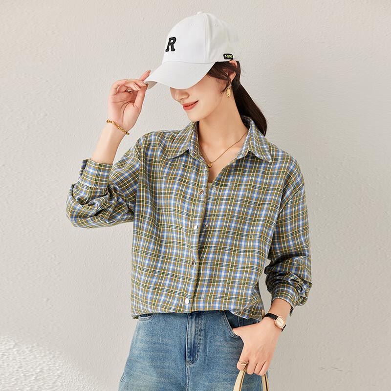 Women's Retro Green Plaid Long Sleeve Shirt
