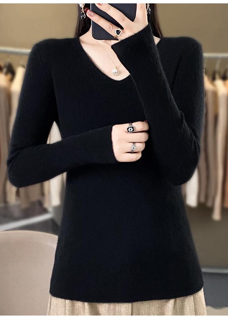 2024 Spring/Autumn Women's Slim Fit V-Neck Long Sleeve Knitwear - Korean Style Trendy Base Layer