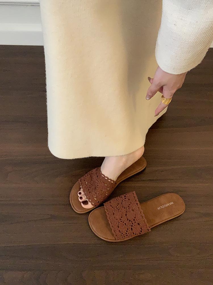 

Богемные шлепанцы на плоской подошве женские летние пляжная обувь прохладные шлепанцы сандалии на одно слово повседневная женская обувь 40 коричневый
