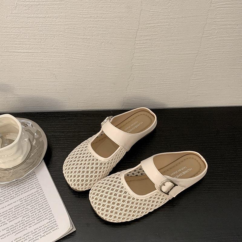 Hollow with skirt sandals 2025 summer new flat-bottomed mesh half-drag breathable bag head slippers
