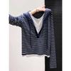 Hooded fake two-piece wool knitted sweater women's autumn and winter new niche contrasting stripes long-sleeved bottom top