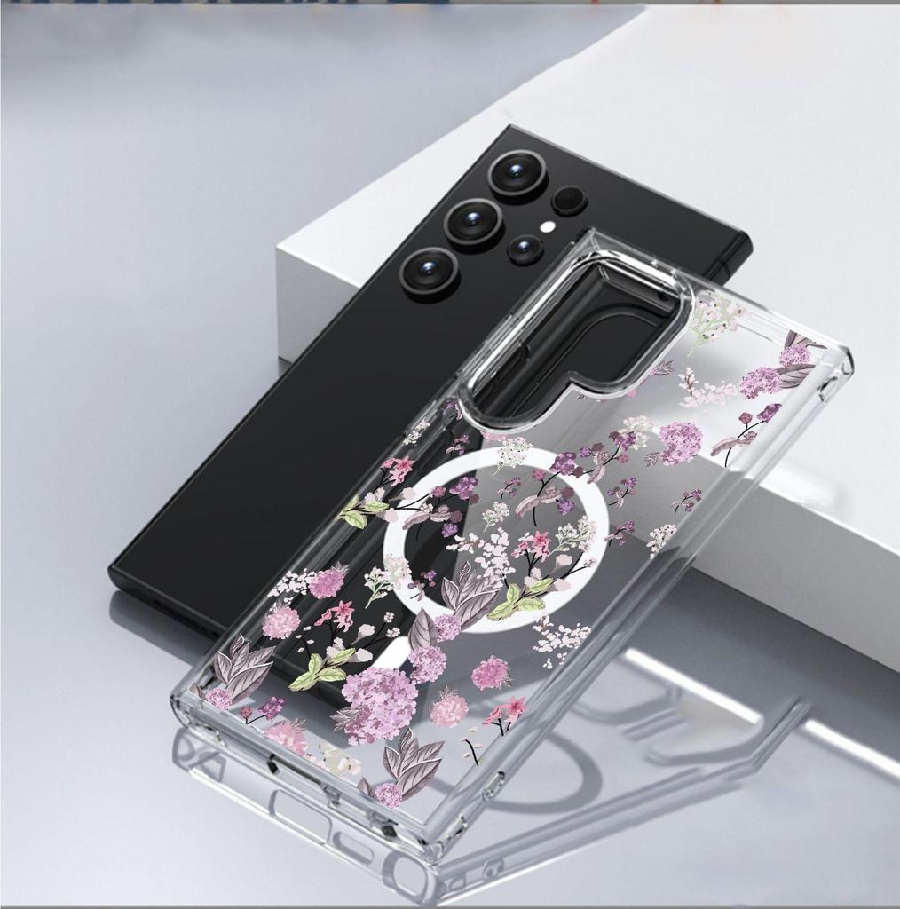 Small Purple Floral Magnetic Case for iPhone 15/16/17 Pro Max - Transparent Full Coverage