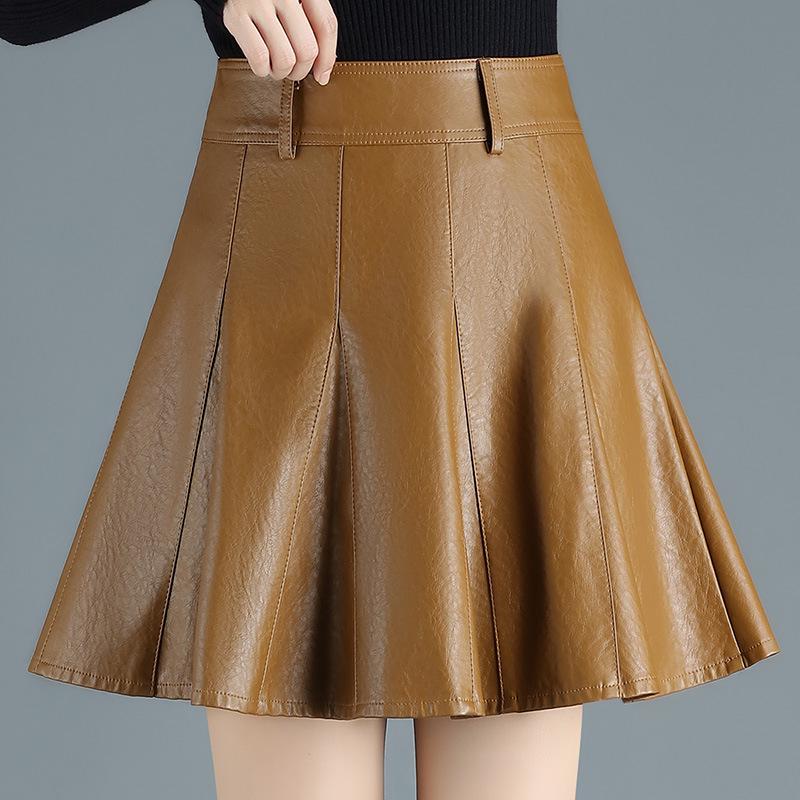 2022 High-Waisted A-line PU Faux Leather Pleated Skirt - Autumn/Winter Women s Stylish Short Umbrella Skirt 3XL кофейный