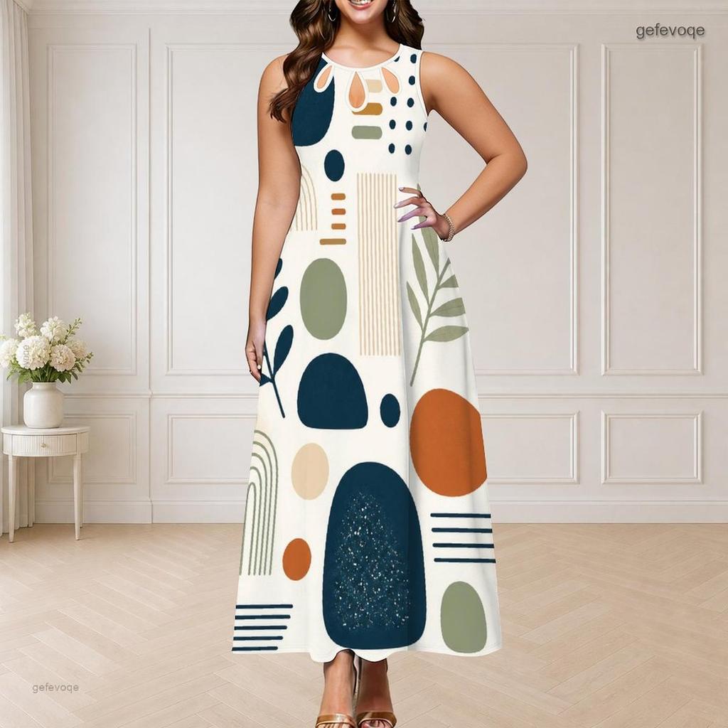 Women Plus Size Round Neck Triple Keyhole Sleeveless Geometric Printed Maxi Dress