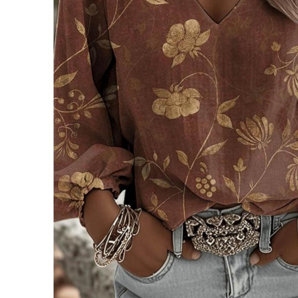 Women's Retro Bohemian Casual Fashion Floral Print V-Neck Long-Sleeved Shirt with Female Lantern Sleeves Design Long-Sleeved Shirt Elegant Top