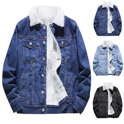 Men's Autumn Winter Add Wool Casual Vintage Wash Distressed Denim Jacket Coat