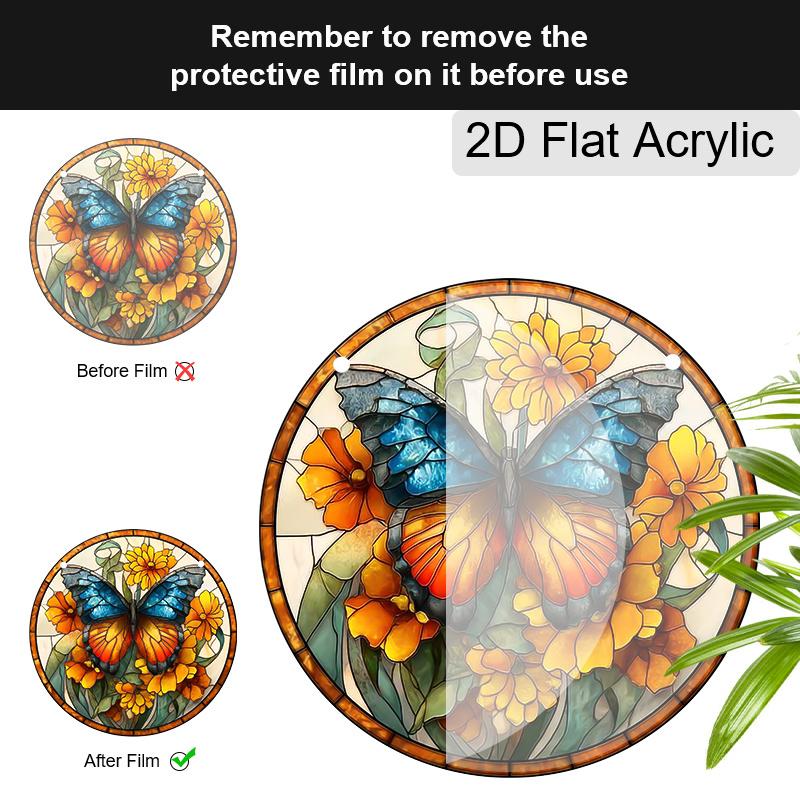 Acrylic Blue-Orange Butterfly with Yellow Flowers Suncatcher, Stained Glass Effect Window Hanging Ornament for Nature & Art Lover Gifts