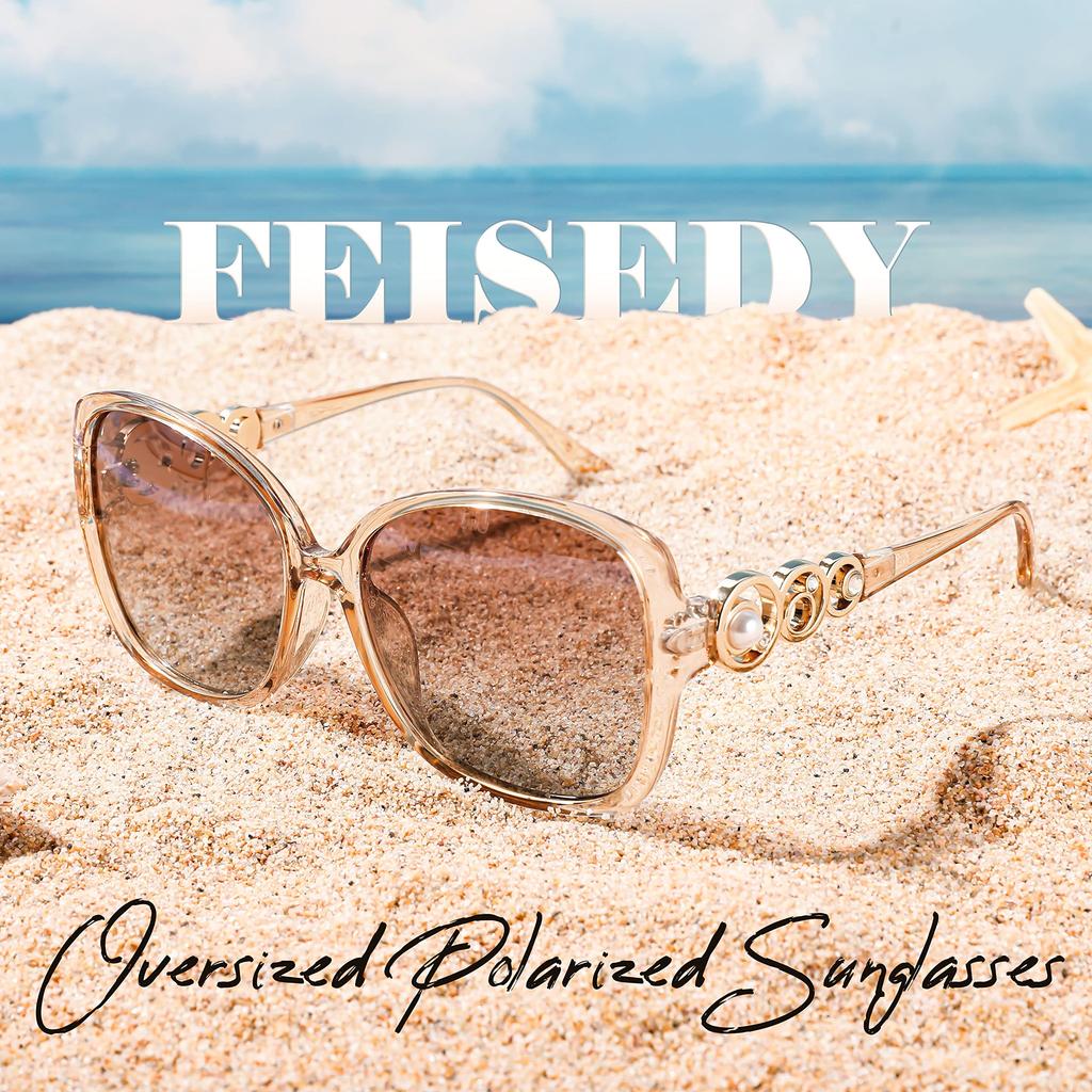 FEISEDY Polarized Pearl Sparkling Extra Large Fashion UV for B2821 Women's Sunglasses, Square, Frame, Designer, Protection, Sports, Fishing,