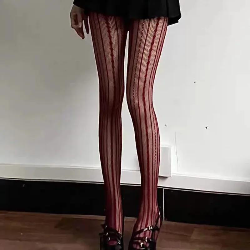 Woman White Wine Red Gray Black Tights Thin Y2K Medias Socks Party Club Pantyhose Sexy Stripes and Lace Fishnet Stockings