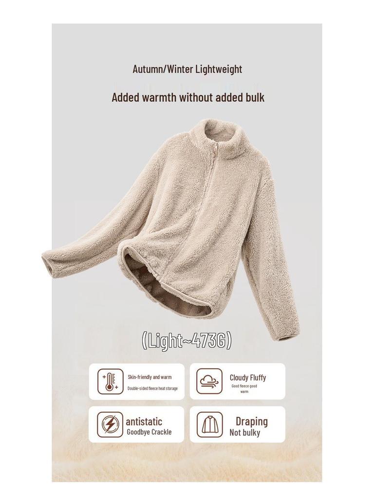 Women's Coral Fleece Stand Collar Zipper Jacket - Double-Sided Plush, Velvet-Enhanced, Thickened Winter Outwear