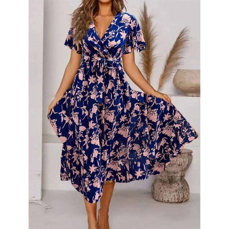 Women's Printed V-neck Short Sleeve Dress Women's Print Short Sleeve Dress