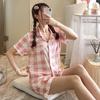 South East Asia Korean Version Pajamas Women's Plaid Summer Cardigan Short-sleeved Shorts Cute Loungewear Set Live Stream