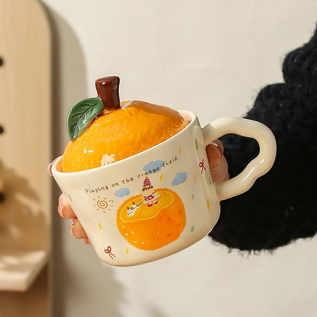 Cute Girl Little Orange with Lid Ceramic Cup Small Gift Set High Temperature Resistant Girls Office Mug Gift Box Set