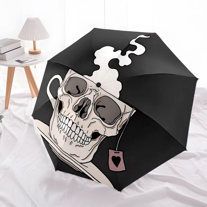 1pc Coffee Skull Fashionable Auto Opening/Closing Folding Umbrella with 8 Bones, Windproof Portable, Daily Use113
