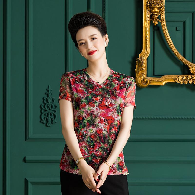 

Сетчатая шелковая футболка с V-образным вырезом для женщин среднего и пожилого возраста - Приталенный дизайн F9044 3XL (65.5-70 kg) красный/зелёный