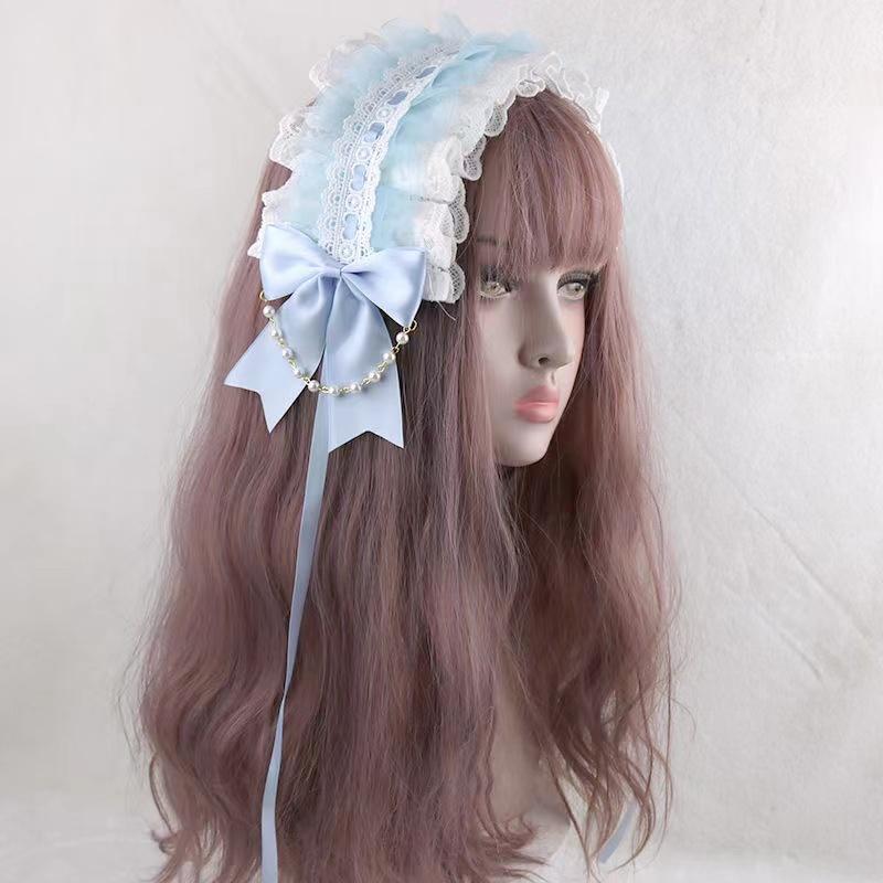 Ruffled Lace Headpiece Headband Weet Lolita Bowknot Maid Headdress Women Girls Japanese Style Crisscross Ribbon Pearls Beaded
