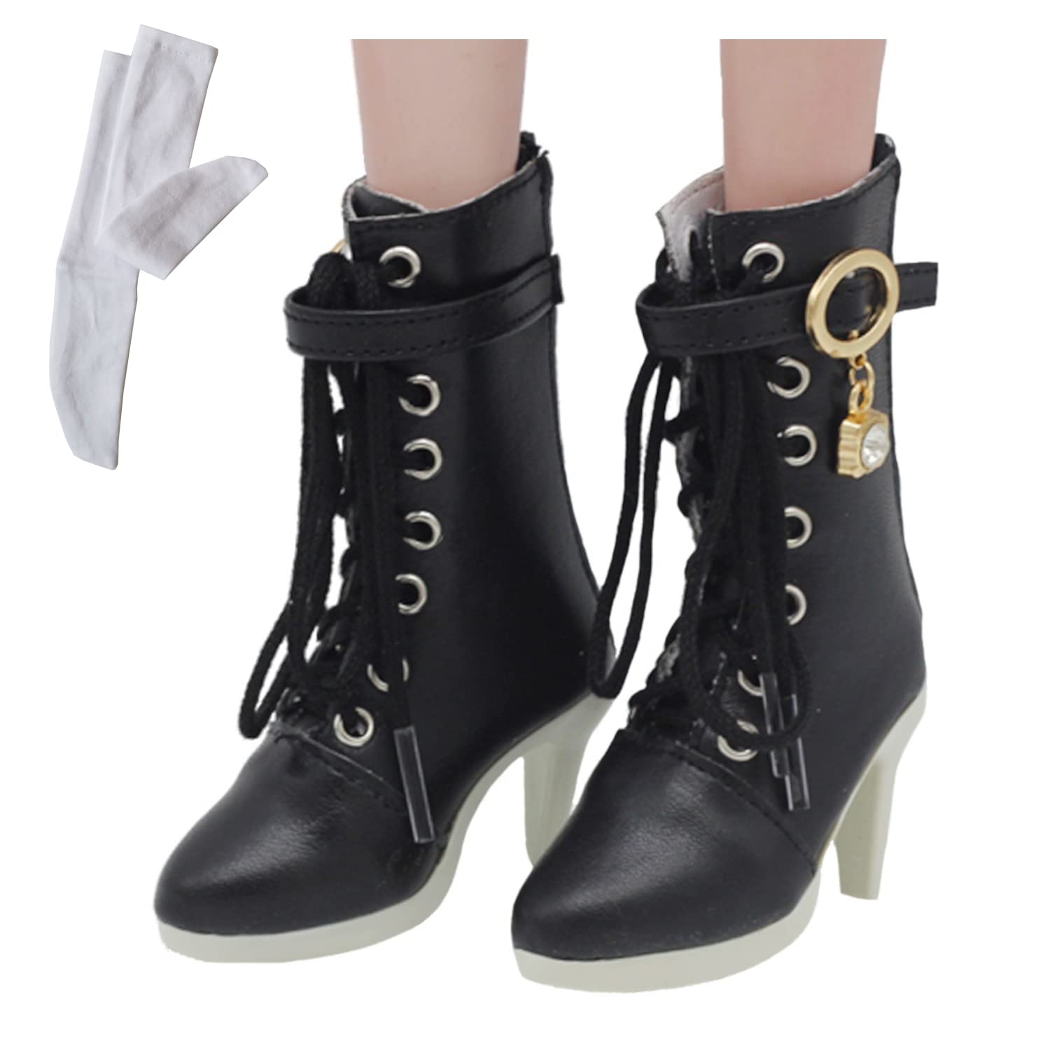 

OLYOLY [2-Piece Set] 1/3 Doll Shoes, Boots, Long and Short High Heels, Miniature Doll Costume, Maid Outfit, Figure, with Socks (01 Black)