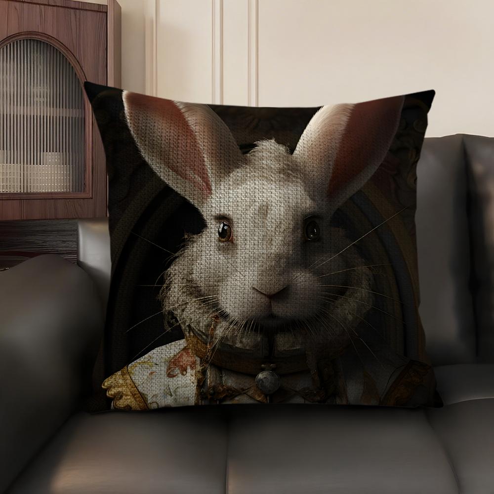 Rabbit Portrait Renaissance Cushion Cover Natural Linen Organic Fabric Double-Sided Printing Sofa Home Decor Gift Pillow Case