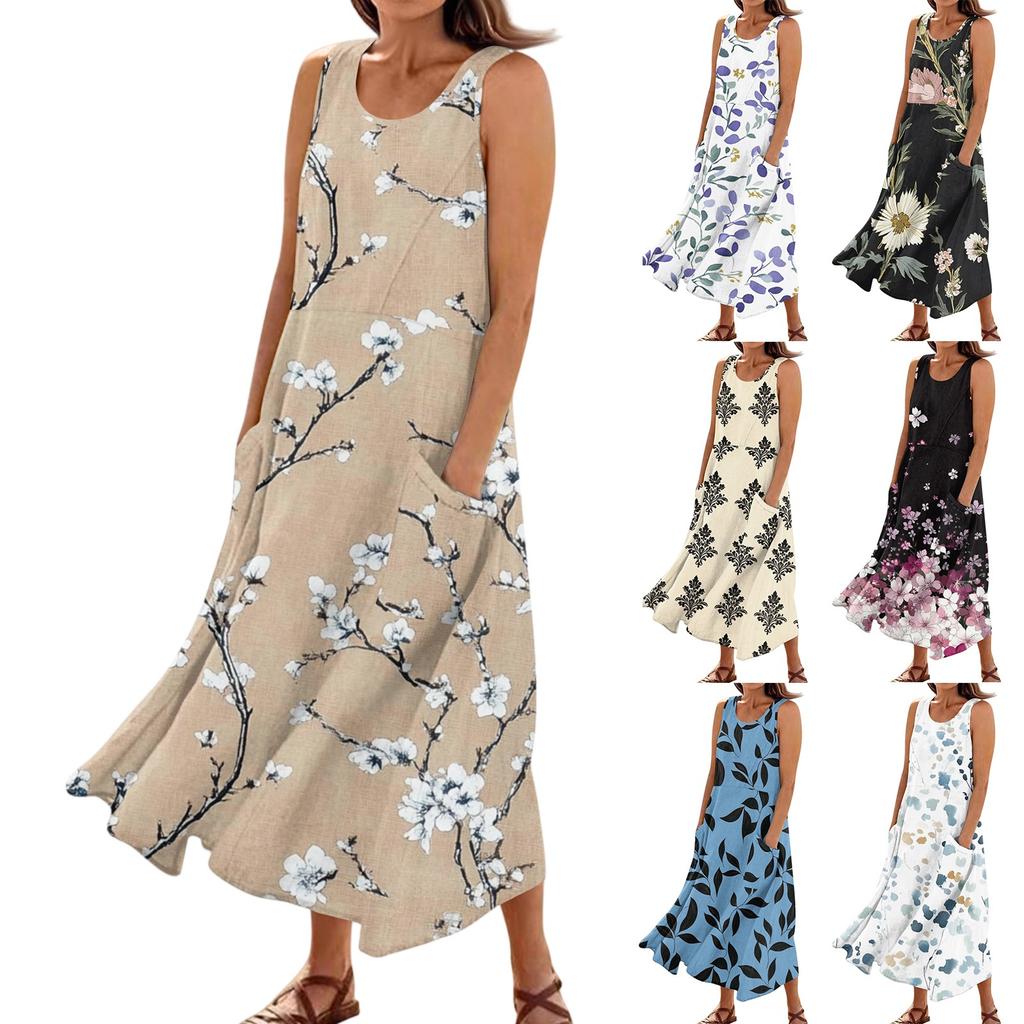 Women's Summer Casual Fashion Flower Printed Sleeveless Pocket Dress