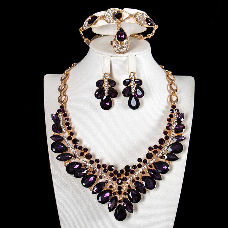 Exaggerated Jewelry Crystal Gem Necklace Earrings Four-Piece Women'S Dress Dinner Accessories