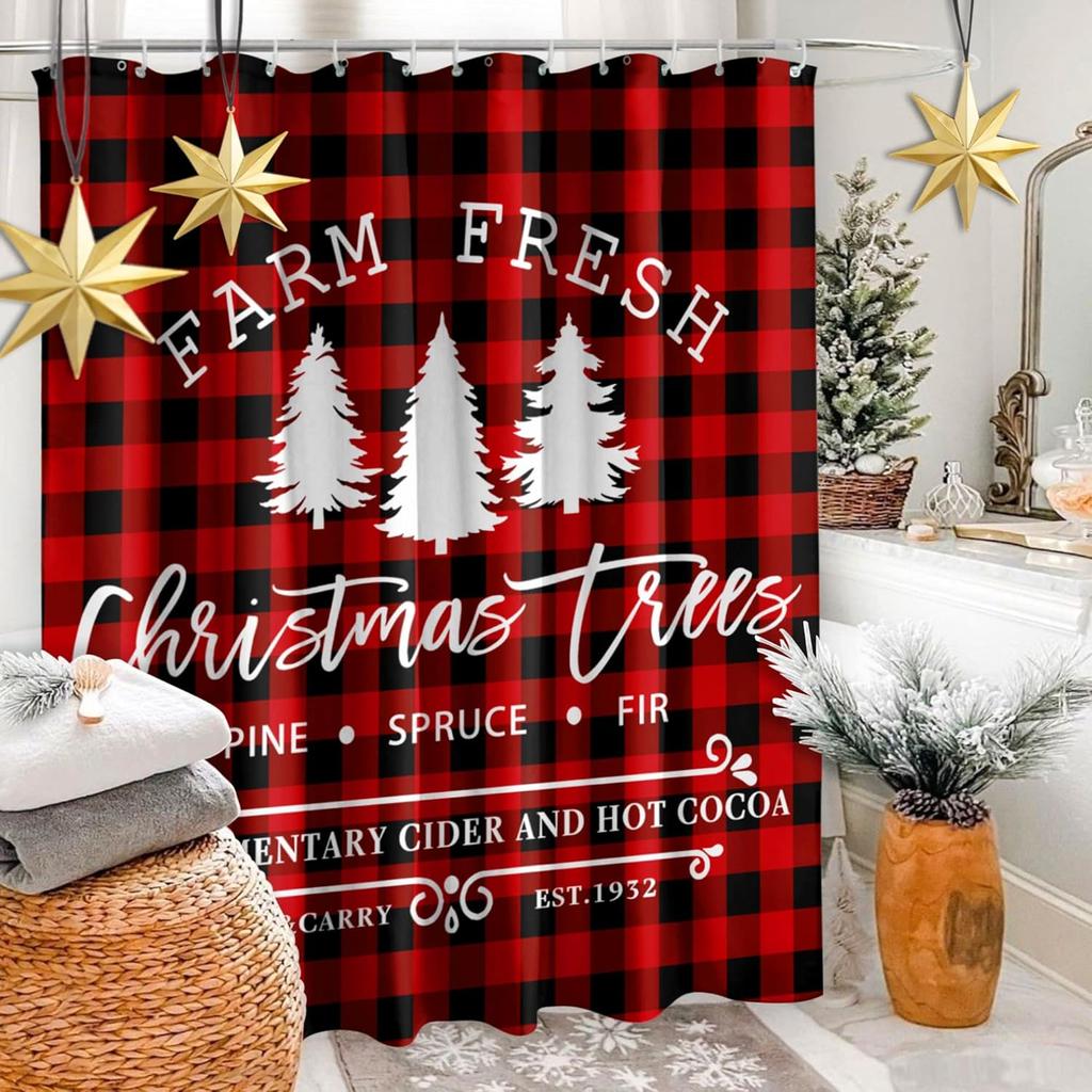 Merry Christmas Shower Curtain With Winter Farmhouse Pattern, Cute Waterproof Bathroom Decor For Xmas Home Celebration