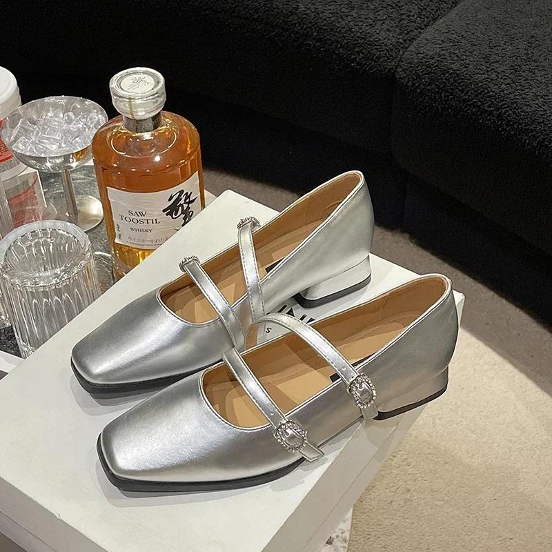 Spring Autumn Silver French Square Toe Women's Shoes Elegant Double Buckle Strap Mary Jane Shallow Shoe Retro Pumps