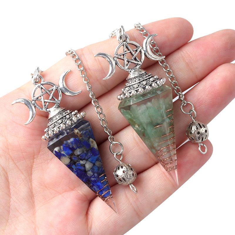 1690 Three-Phase Moon Seven Chakra Stone Resin Hexagonal Crystal Pendant Pendulum Cross-Border Jewelry