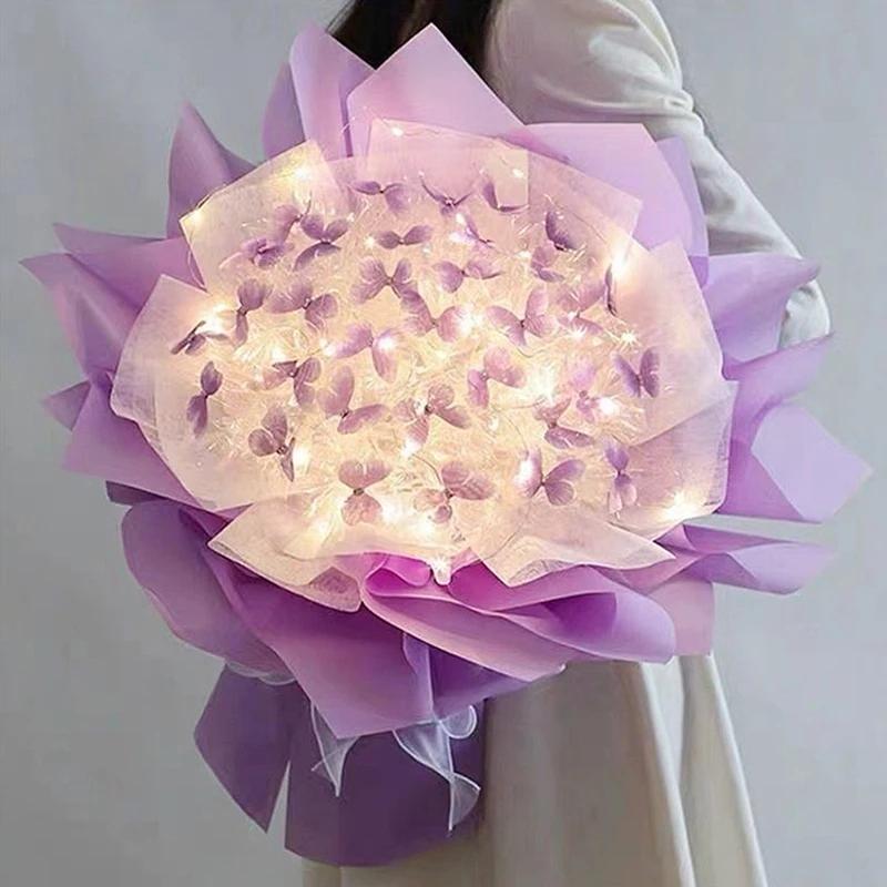 Handmade Butterfly Bouquets Material Set with Light String Flower Package Wrapping Paper Wedding Birthday Party Decoration Gift
