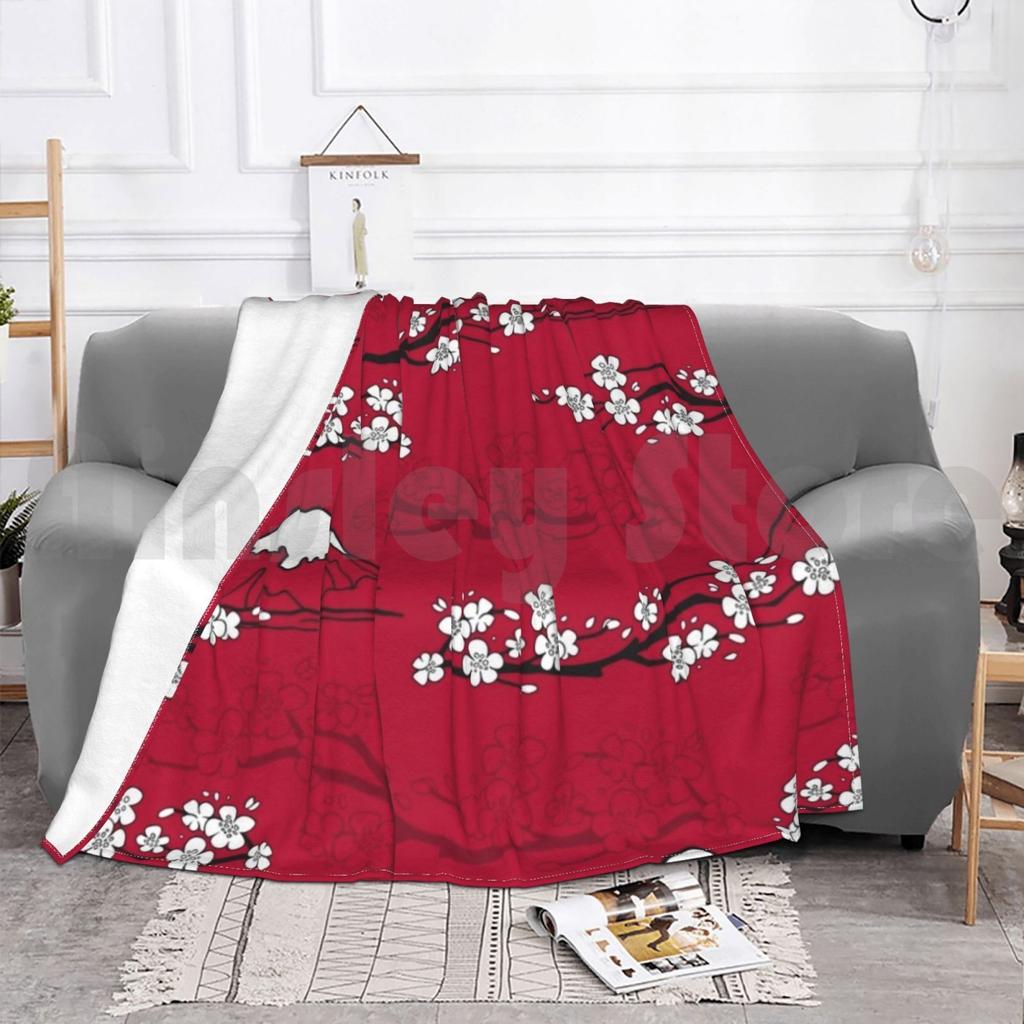 Red Japanese Cherry Blossom Pattern Blanket For Sofa Bed Travel Pattern Texture Chic Abstract Japan Japanese