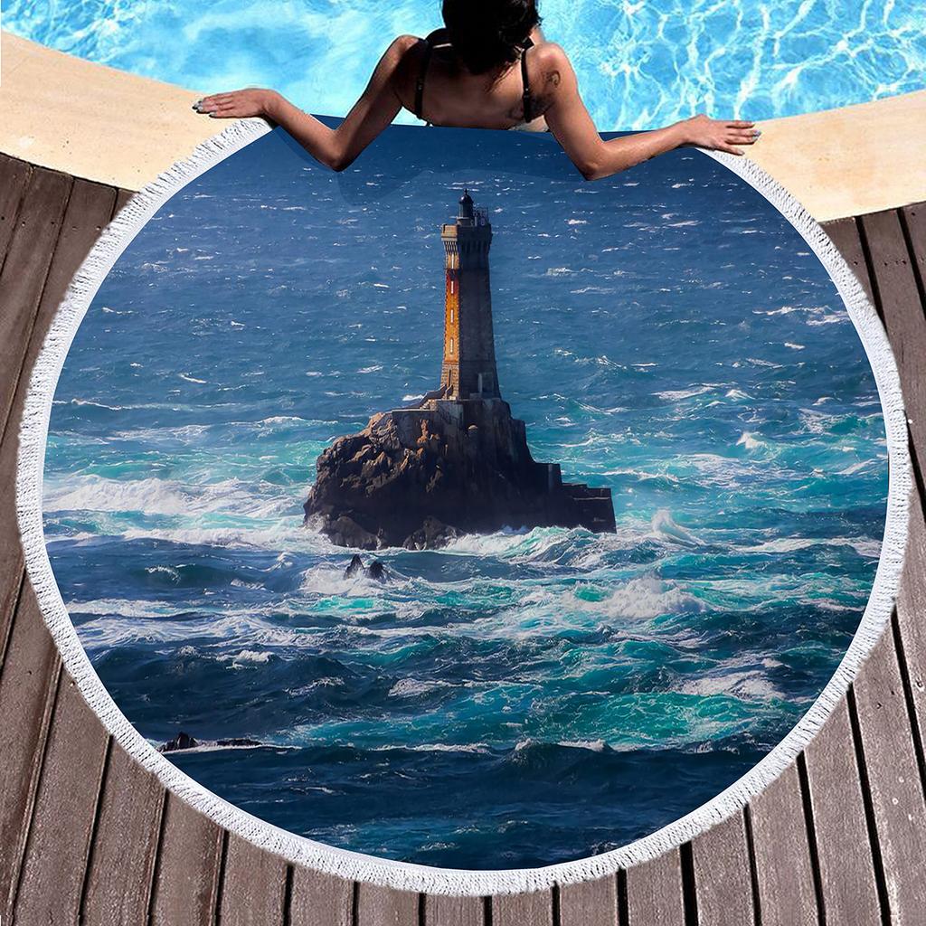 Lighthouse Print Round Beach Towel Sand Free Quick Dry Circle Bath Towel Absorbent Meditation Rug Yoga Mat Throw Fringe Tapestry