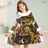 Girls High Neck Long Sleeve Furry Trim Printed Witch Frog Pattern A Line Flared Dress