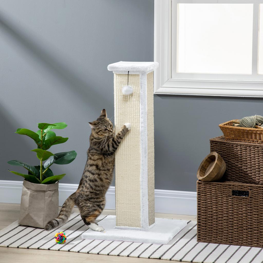 Cat Scratching Post, Sisal and Plush, Hanging Ball, 41 x 41 x 81 cm, White and Cream