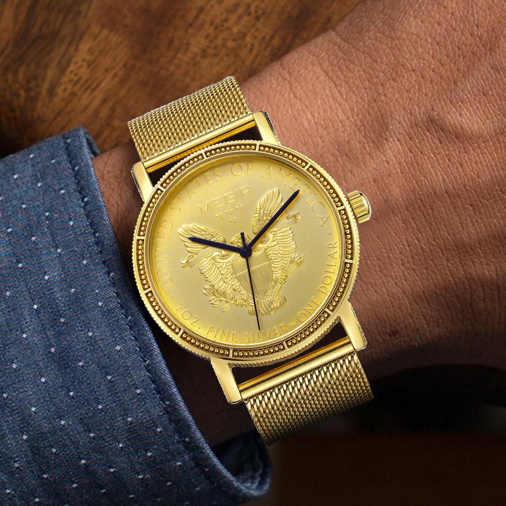 Megir Luxury Business Watches for Men Gold Steel Mesh Strap Men Quartz Watches Waterproof Wristwatch Clock Reloj Hombre 2032
