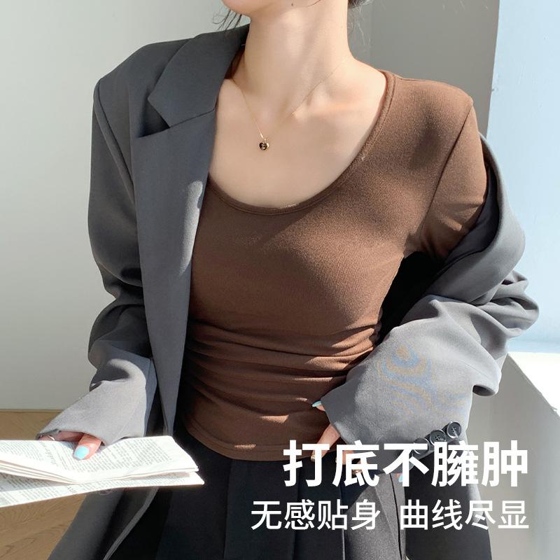 Coconut Velvet Large Bottoming Shirt, Autumn and Winter Polished Inner T-shirt, Long-sleeved Waist Slim-fitting and Meat-covering Pleated Top