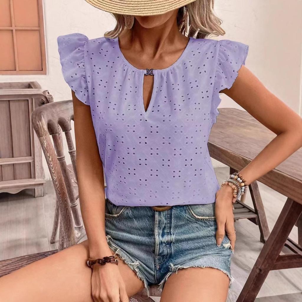 Jacquard V-Neck Push-Up Sleeve Short Sleeve T-Shirt Top,Women's