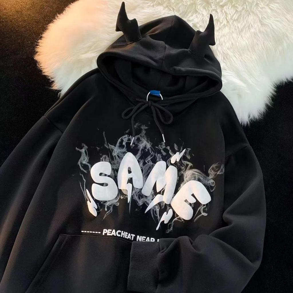 Men's New Autumn/Winter Retro Hiphop Little Devil Hooded Sweatshirt - Loose Fit, Thick Velvet Jacket