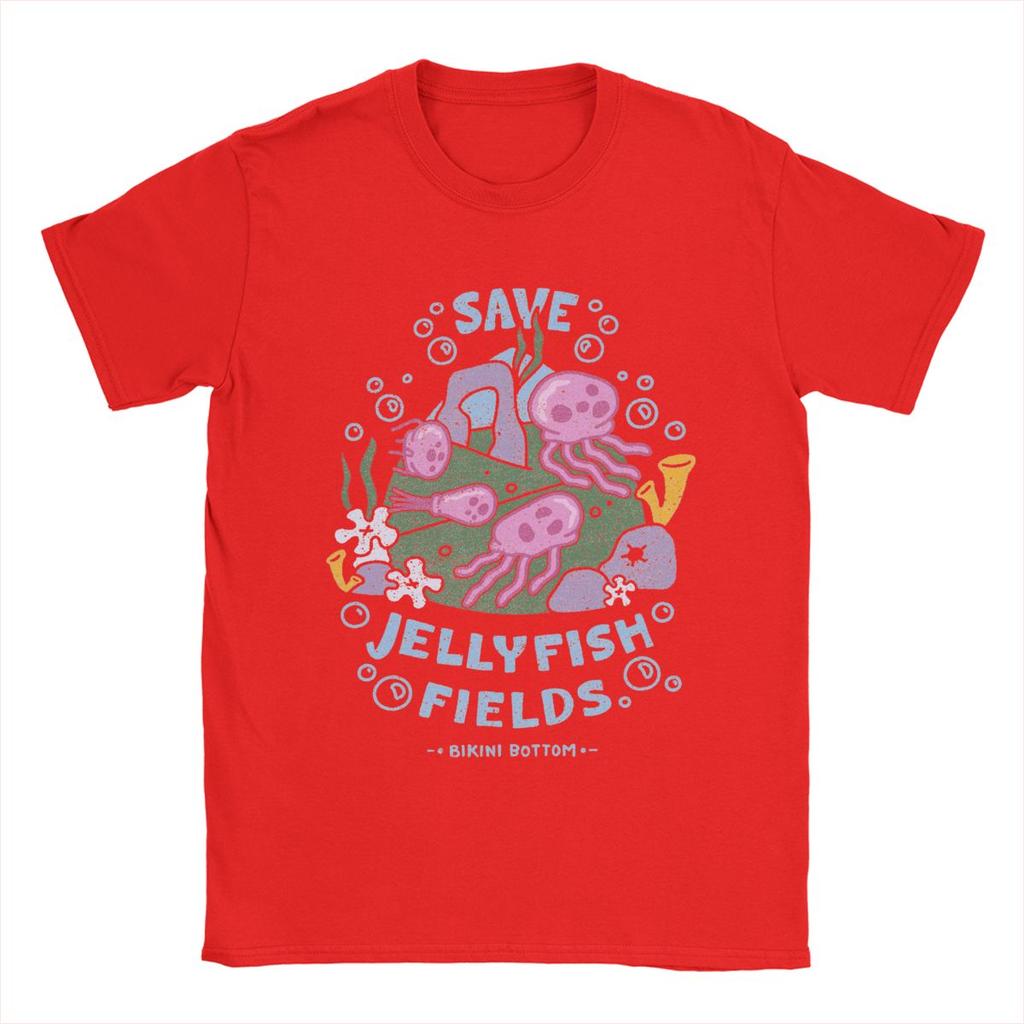 SpongeBobed Save Jellyfish Fields Bikini Bottom T-Shirts for Men Pure Cotton Tee Shirt Short Sleeve T Shirts Summer Clothes