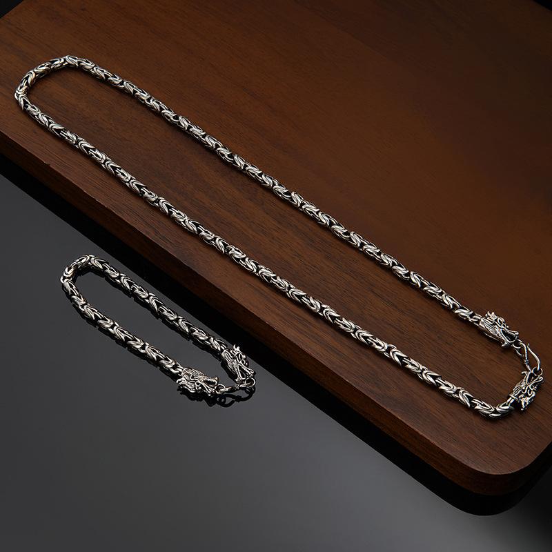 Retro Imitation Thai Silver Double Dragon Head Peace Pattern Necklace Bracelet Pendant and Jewelry