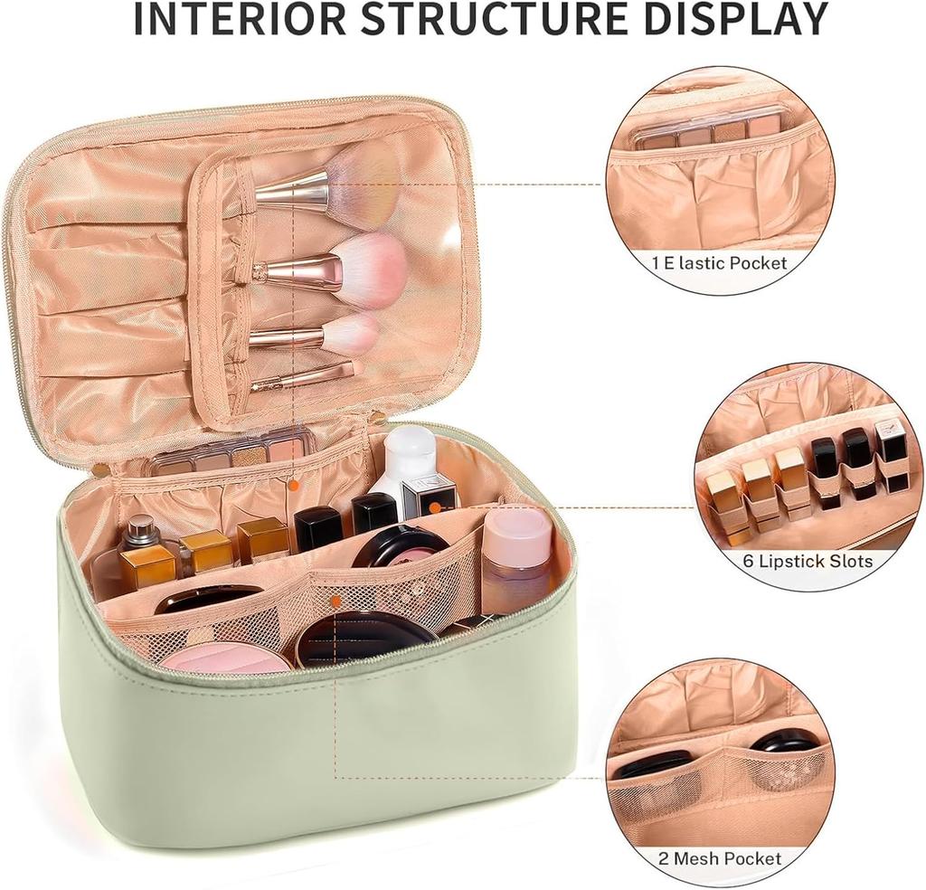 Large Capacity Portable Cosmetic Bag Storage Bag with Handle Partition Layer Green 23.8*16.5*12cm